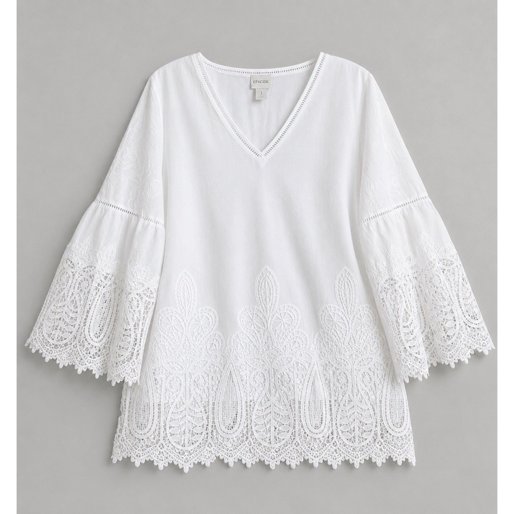 Chicos Top Blouse Size S White Cotton Embroidered Eyelet Beach Coastal Resort